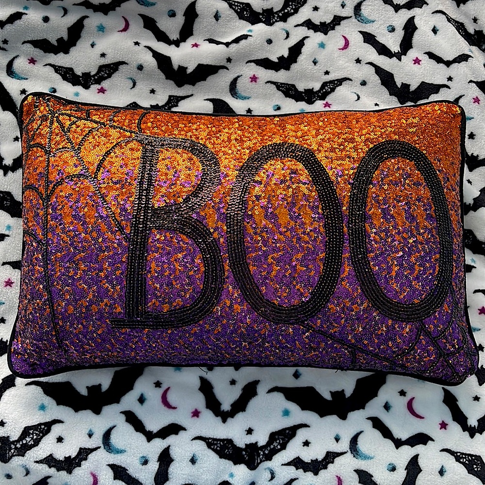 Orange Purple sequin BOO Pillow Halloween